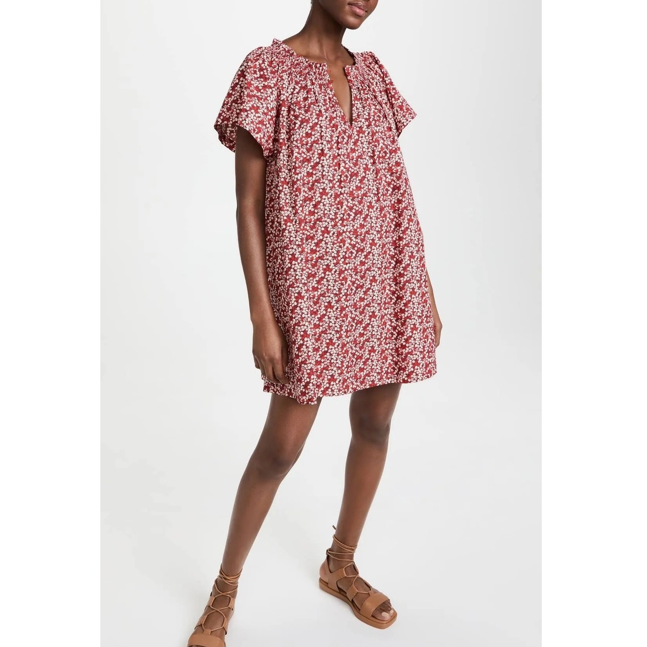 Apiece Apart Deia Mini Dress Xs Red Floral 100% Organic Cotton Poplin Flowy